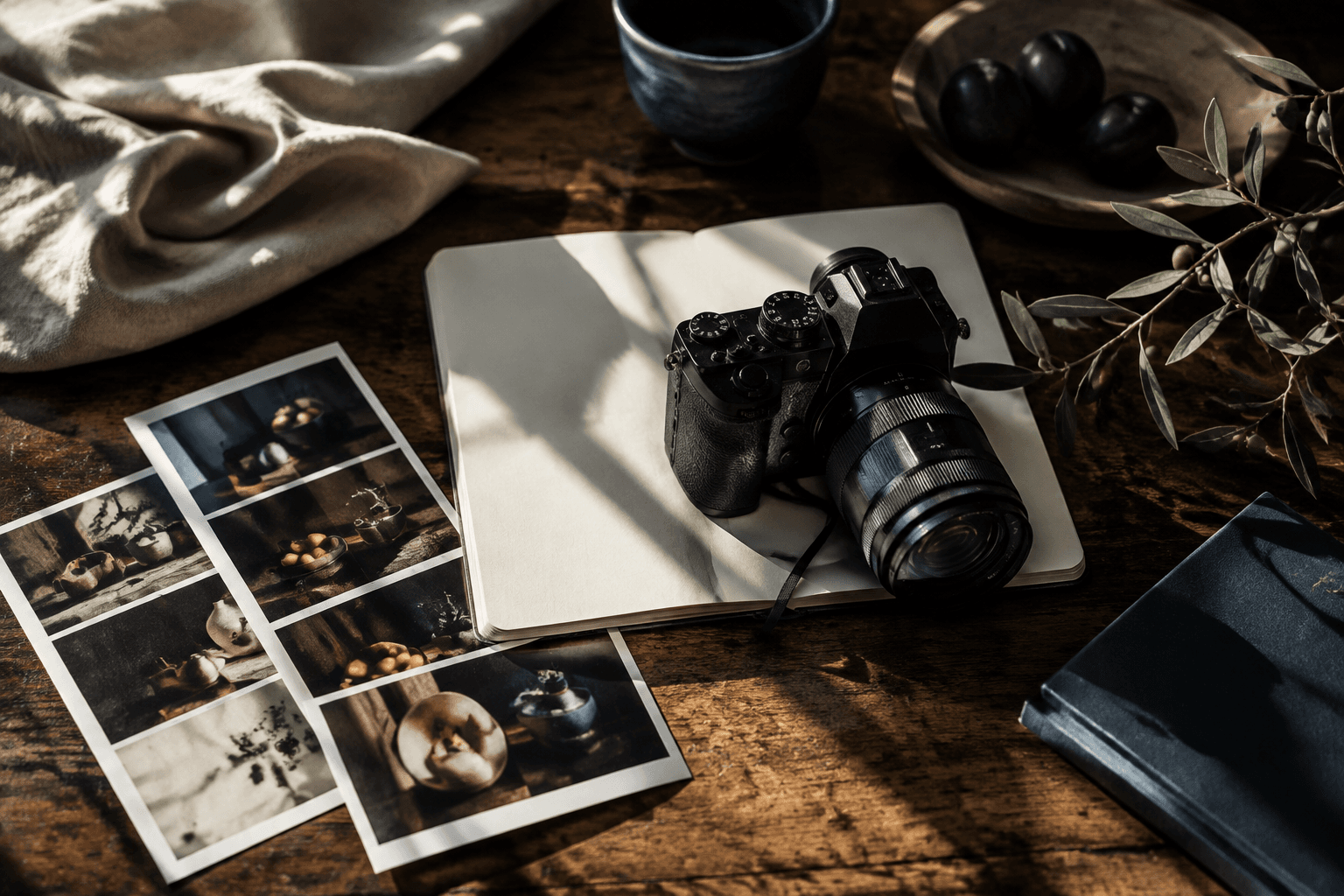 A camera, blank notebook and photographic prints on a sunlit worktable